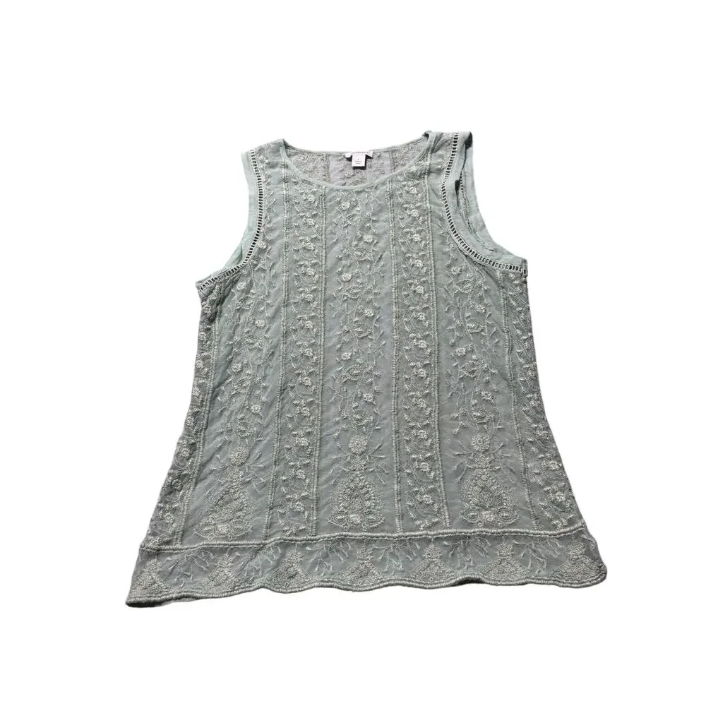 Sundance Tank Top Womens L Green Embroidered Floral Sheer Lace Lined Wide Strap